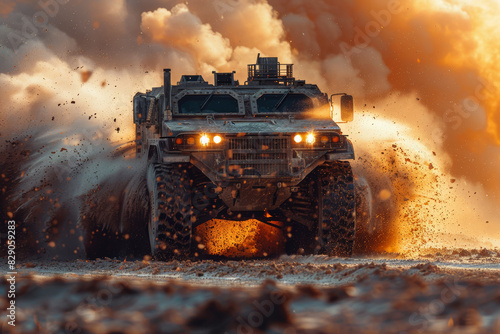Armored engineering vehicle clearing obstacles and building defensive fortifications under fire, its crew working tirelessly to support frontline troops. Generative Ai.