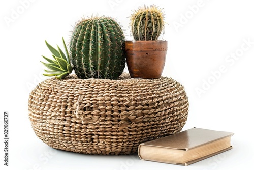 Wicker pouf with cacti and books on white background.