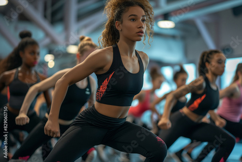 The gym sees a group of athletic young people in sportswear engaging in lunge exercises, embodying the concept of aerobic fitness