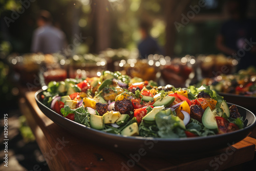 Une salade fraîche et saine, composée de légumes verts, de tomates juteuses, de riz et de morceaux de poulet, est servie sur une assiette blanche.