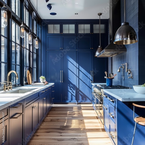 Modern blue kitchen with cobalt blue cabinetry, light wood floors