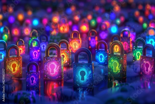 Neon locks in vibrant colors light up digital security landscape, cyber protection focus