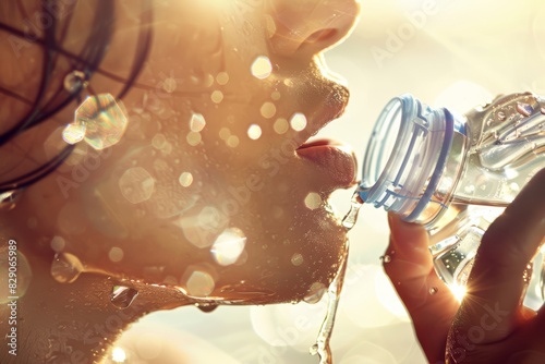 Close-up of a woman drinking water from a bottle on a sunny day, capturing the refreshing and hydrating essence of staying healthy and rejuvenated during summer, Generative AI