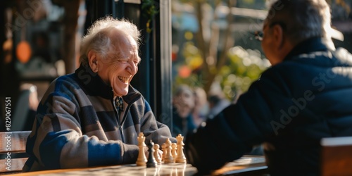 Two senior men are deeply focused while playing a chess game at an outdoor table, capturing a strategic and social moment