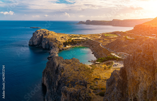 Aerial view on Saint Paul's bay in Lindos, Rhodes, Greece.