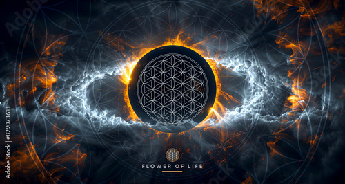 Flower Of Life symbol, total solar eclipse. Wonderful source of inspiration for kinesiology practitioners, massage therapists, reiki and chakra energy healers, yoga studios or your meditation space.