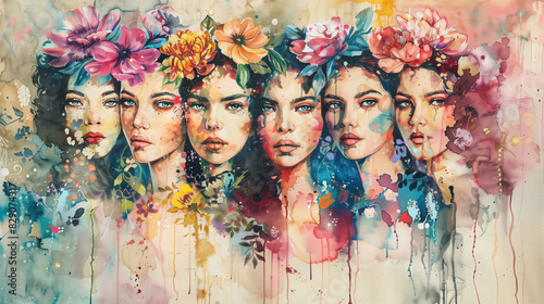 Artistic expression, faces of women with floral watercolor strokes, diversity and beauty, a tribute to women's strength and gentleness