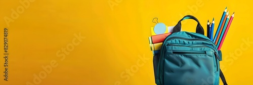 Backpack with school supplies against yellow background. Back to school concept. Education and studying concept. Design for banner, advertisement with copy space
