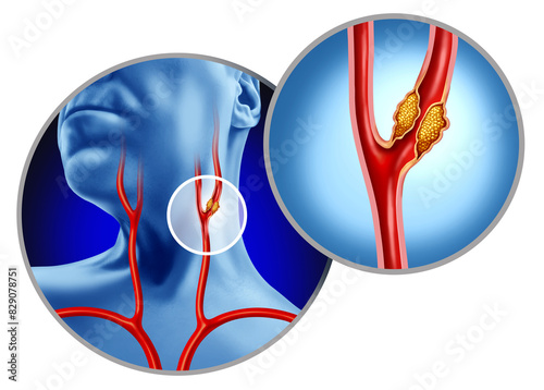 Carotid Artery Disease as arteries bringing blood flow to the brain is interrupted by atherosclerosis as plaque build up inside the blocked vessel causing narrowing or stenosis