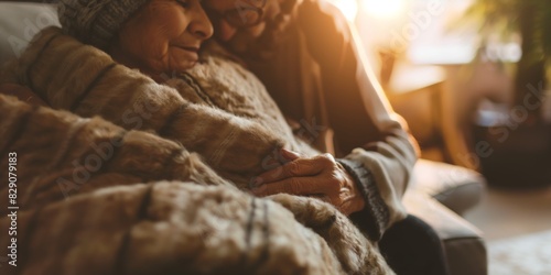 A softly-focused image of a person relaxing with a warm blanket, conveying a cozy and intimate atmosphere