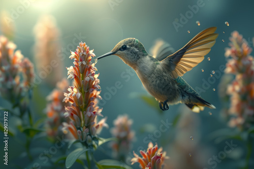 A tiny hummingbird hovering near a flower, its rapid wingbeats a blur as it sips nectar from the blooms. Concept of pollination and floral symbiosis. Generative Ai.