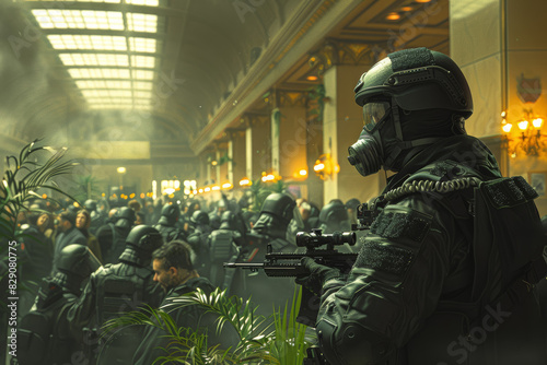 A tense hostage situation unfolding in a crowded bank, with police negotiators working to diffuse the crisis and ensure the safety of hostages. Generative Ai.