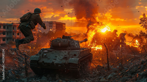 Male soldier in uniform, jumping the fence, tank, Stalingrad, explosions,generative ai