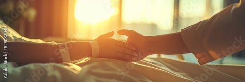 A tender moment of one person holding a hospitalized patient's hand, symbolizing care and compassion