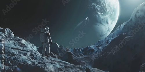snow covered mountains, A man stands on watching earth, A team of astronauts exploring the frozen land Requiem of the Lunar Voyager A Haunting Odyssey scap generative ai, An astronaut stands in a cave