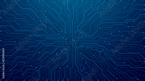 Thin circuit trace lines in blue on a dark technology background. Abstract digital tech bg. Electronics and computer technology concept. Chip and circuit board. Vector illustration. Chip connectors.