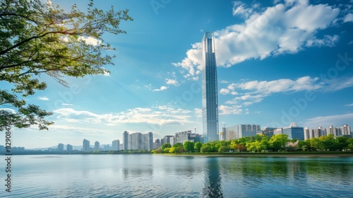 Stunning vista of downtown Seoul featuring a modern skyscraper by the lake against a clear blue sky. Seoul, a prominent tourist destination in Asia.