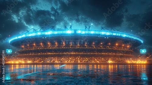 Vibrant cricket stadium aglow with fans in nocturnal view, part of contemporary sports complex in 3D rendering.