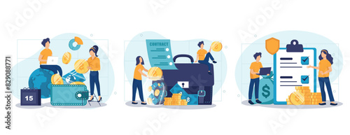 Employee benefits package concept set. Compensation supplementing employee's salary. Worker advantages: overtime, medical insurance, vacation and retirement benefits. Flat vector illustration