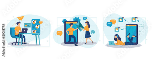 Email service concept set. Users correspond in chats, sending messages in apps. People isolated scenes in flat design. Vector illustration for blogging, website, mobile app, promotional materials.