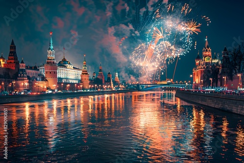 Fireworks display above moscow kremlin river and tower