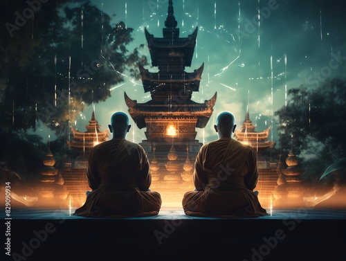 Two monks meditate under mystical sky in front of illuminated pagoda at night, creating a serene spiritual moment.