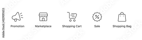 Shopping & E-commerce line icons set. Shopping cart icon. Marketplace shop store icon. Promotion loudspeaker icon. Sale badge icon percent sign. Shopping bag icon - Web editable stroke icons