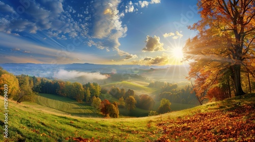 Enchanting autumn landscape. sunny panorama of rural idyll on a beautiful fall day