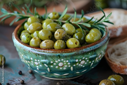 Olives and bread on table