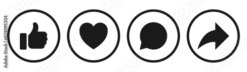 Like, comment, share icon button set. Social media notification icons : Thumbs up and love heart flat icon , social network user interface flat icons, post reactions. Vector illustration