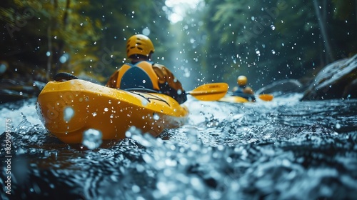 Thrilling kayaking expedition through whitewater rapids, with kayakers navigating the turbulent waves and rugged terrain