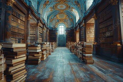 A sprawling library filled with ancient manuscripts and leather-bound volumes, where the wisdom of the ages ignites the spark of creativity. Concept of literary inspiration. Generative Ai.