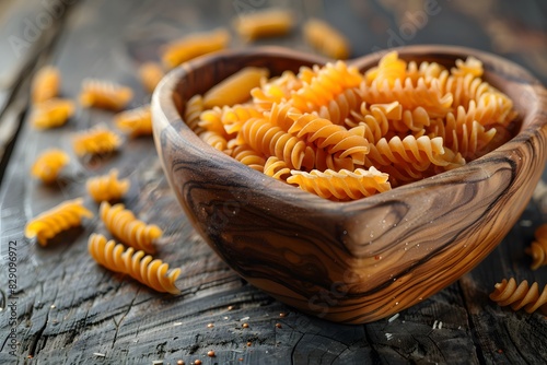 Wooden bowl pasta closeup on table