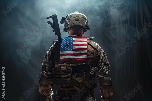 The American soldier stands with his back to the camera, holding an American flag in one hand and wearing a helmet on a black background