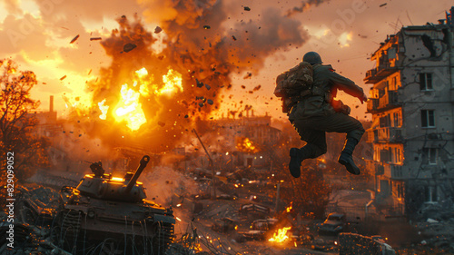 Male soldier in uniform, jumping the fence, tank, Stalingrad, explosions,generative ai