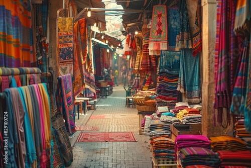 A narrow street bustling with activity, adorned with vibrant fabrics and rugs in various colors and patterns