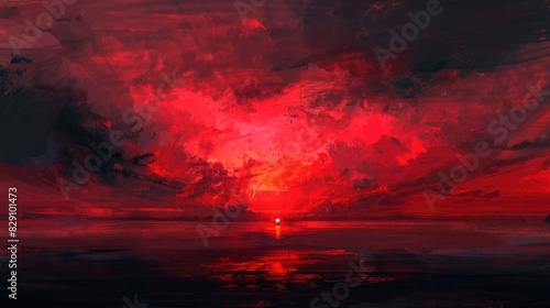 A crimson sunset descended upon the overcast sky
