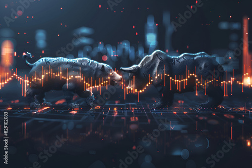 concept of stock market exchange, graphic of bull and bear combined with candlestick