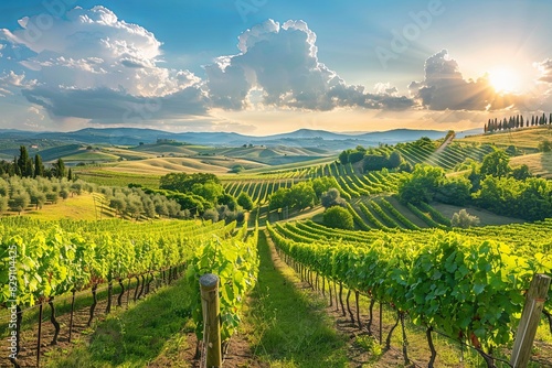The sun shines brightly over a vineyard nestled in the hills of Tuscany, showcasing rows of lush grapevines