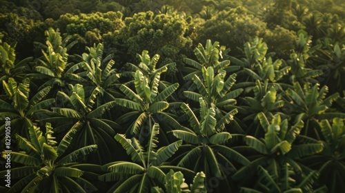 Aerial perspective of banana trees with a blurred backdrop of dense treetops