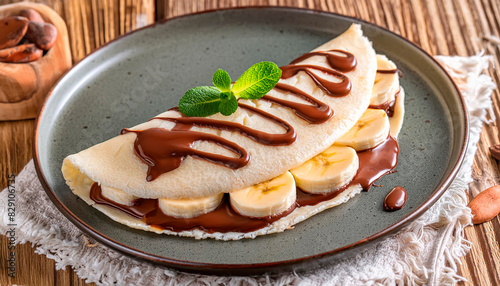 DELICIOSA TAPIOCA, COMIDA TRADICIONAL BRASILEIRA, TAMBÉM CONHECIDA COMO BEJU, FEITA COM GOMA DE MANDIOCA RECHEADA COM BANANA E CHOCOLATE