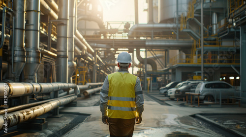 Back view of an engineer wearing a white helmet and yellow vest walking on the walkway in front of a large industrial power plant with many pipes, cars and machinery on a sunny day