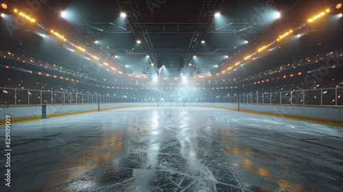 An empty ice hockey stadium illuminated with golden light, bright lights and spotlights on the floor. The background is dark. 3D rendering illustration