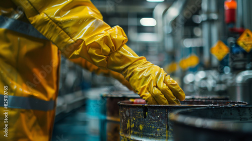 Close-up of a worker in yellow protective gear managing toxic waste barrels in an industrial facility.