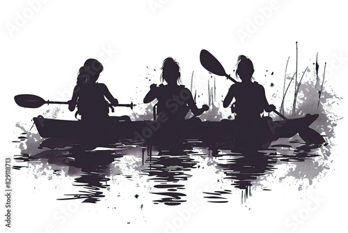 Three people are paddling a canoe in a river. The canoe is black and white. The people are wearing life jackets