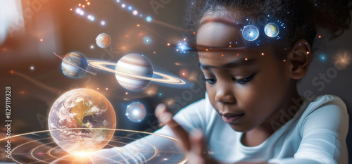 A child intently interacts with a virtual solar system, displaying various planets, while sitting indoors in daylight, showcasing a keen interest in astronomy