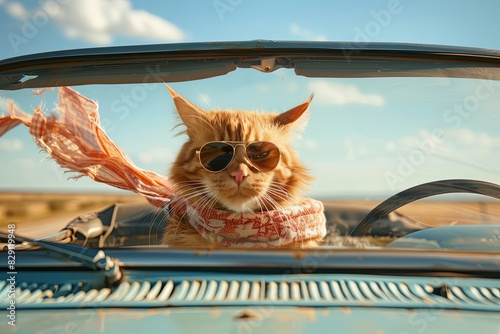 A cat wearing sunglasses and a scarf sits inside a car