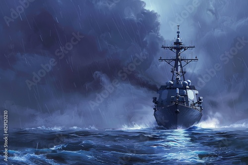 A naval destroyer battles turbulent waves in the midst of a stormy day in the open ocean