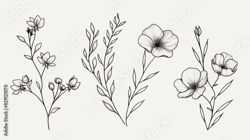 Trendy floral branch and minimalist flowers for logo or decorations. Hand drawn line wedding herb, elegant leaves for invitation save the date