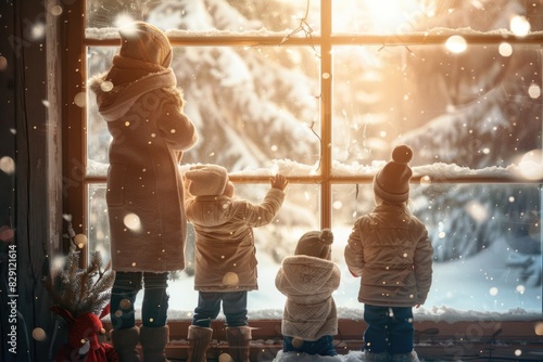 Indoor Winter. Beautiful Mother with Children Standing near Windows at Home